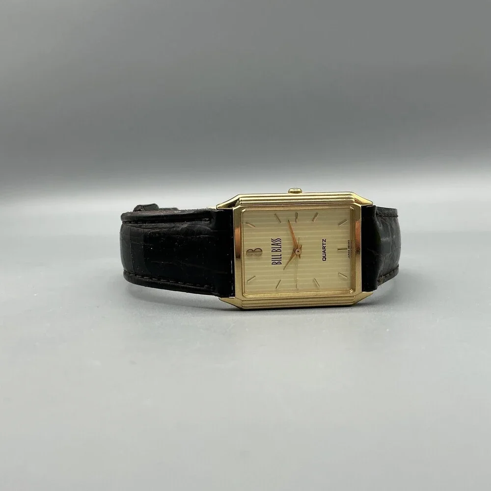 Vintage Bill Blass 007-0132 Mens Watch 24mm Gold Dial Black Leather New Battery